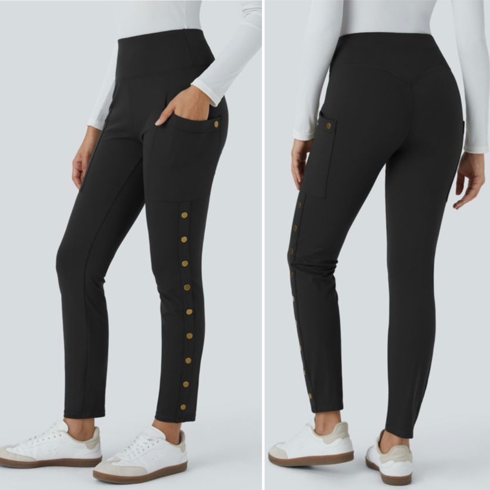 HALARA Black Pants with Gold Button Accents